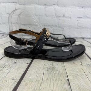 Coach Sandals Women 8.5 Caterine Black Patent Leather T-Strap Thong Sling Back